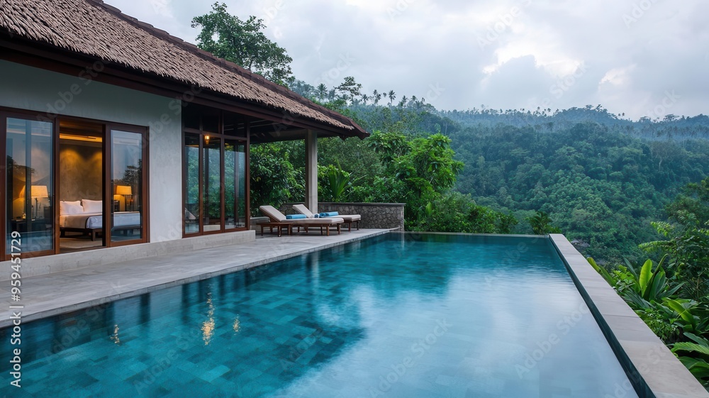 custom made wallpaper toronto digitalLuxurious villa with an infinity pool overlooking lush greenery and mountains, perfect for relaxation and escape in nature.