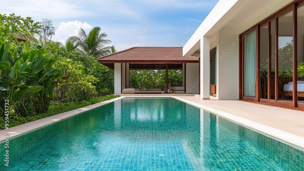 custom made wallpaper toronto digitalLuxurious villa with a serene pool, surrounded by tropical greenery and a clear blue sky, ideal for relaxation and vacation.