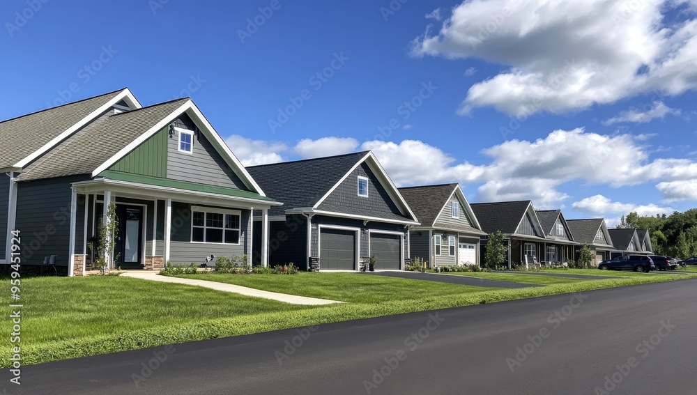 A row of identical, newly built suburban homes with green lawns and a paved road. A row of identical, newly built suburban homes with green lawns and a paved road.