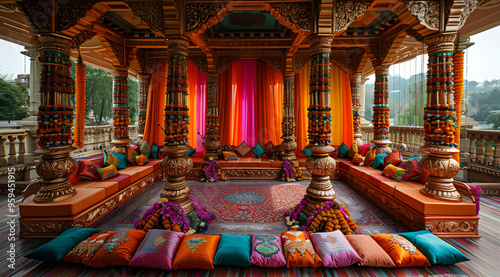 Ornate Decorated Pillars and Cushions in a Traditional Indian Wedding Ceremony Setting - Interior Design