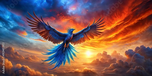 Majestic blue phoenix flying gracefully amidst fiery skies