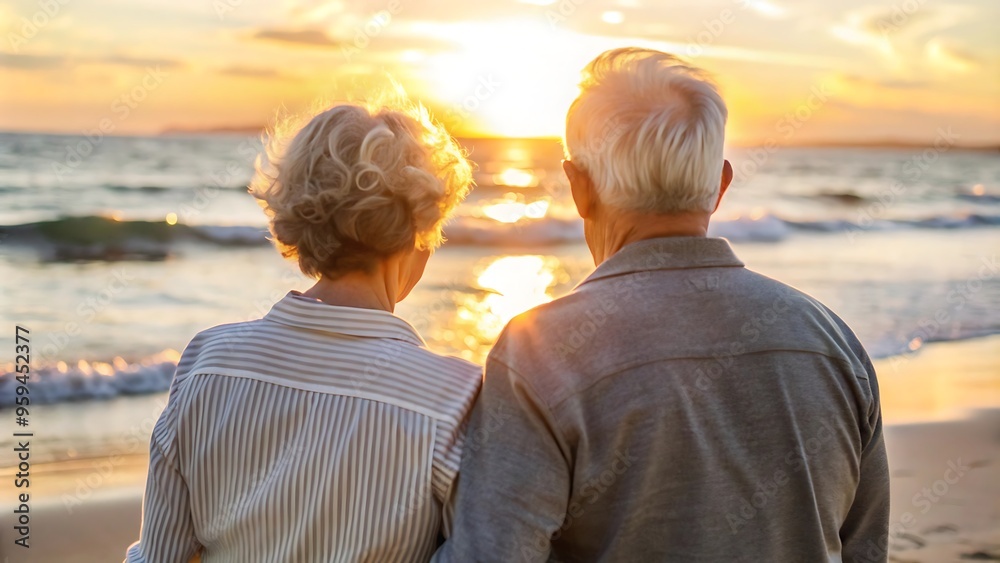 Fototapeta premium Senior Couple Watching Sunset on Beach.