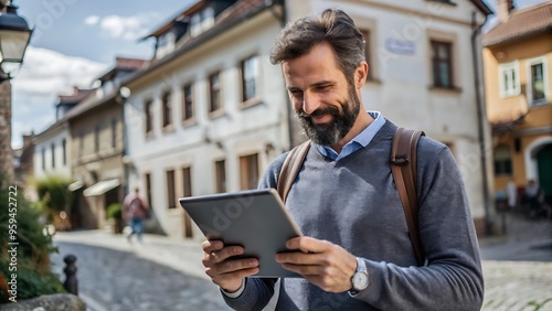 Man Using Tablet in a European City