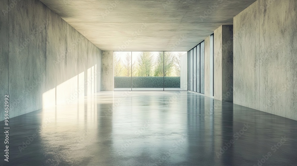 Empty Concrete Room with Large Window and View of Trees and Hedge Empty Concrete Room with Large Window and View of Trees and Hedge