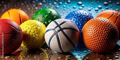 Colorful sports balls covered in water droplets, perfect for athletic-themed designs photo