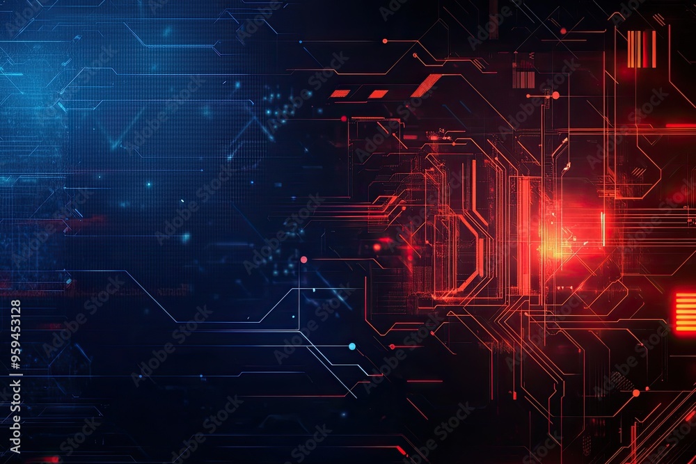 Obraz premium Abstract digital background with glowing circuit patterns in blue and red, representing technology and innovation.