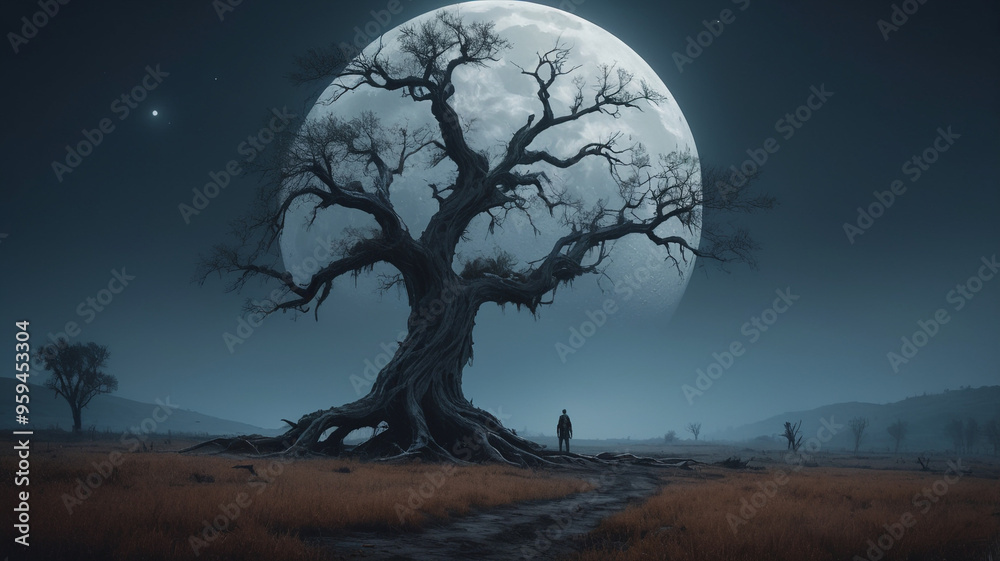 A solitary, spooky tree with twisted, sprawling branches stands alone in an open field under the light of a full moon. The tree’s contorted limbs stretch out in all directions, casting long, A solitary, spooky tree with twisted, sprawling branches stands alone in an open field under the light of a full moon. The tree’s contorted limbs stretch out in all directions, casting long,