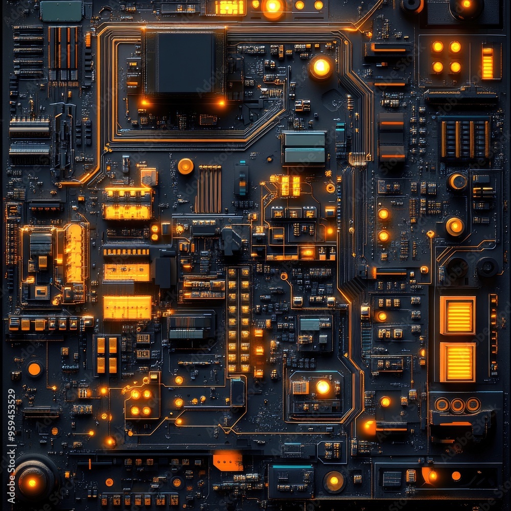 Intricate circuit board design with glowing components, showcasing modern technology and digital innovation. Intricate circuit board design with glowing components, showcasing modern technology and digital innovation.