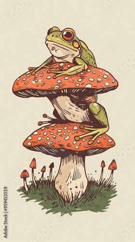 Hand drawn Cottagecore Aesthetic Goblincore Frog sitting on Mushroom