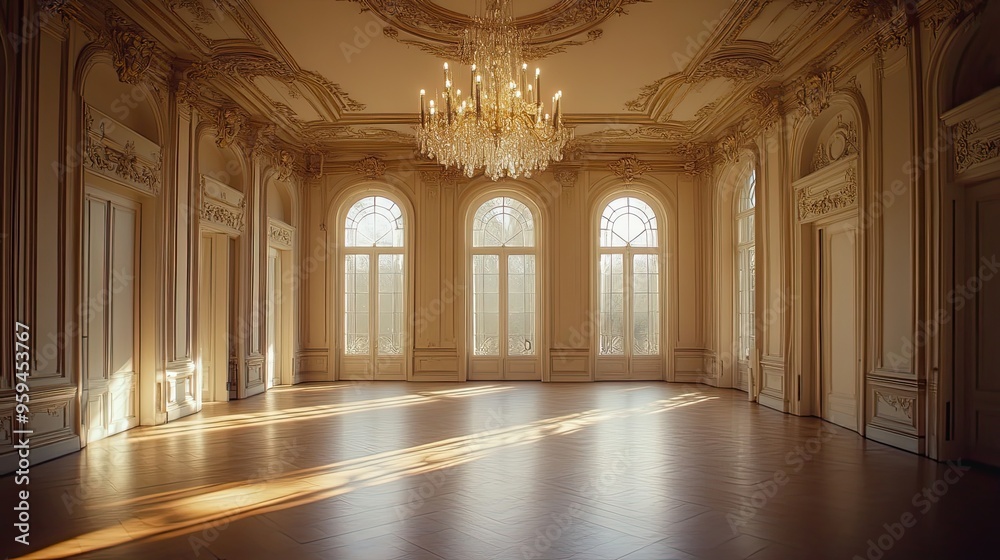 Sunbeams Illuminating a Grand Ornate Room with Arched Windows and a Chandelier Sunbeams Illuminating a Grand Ornate Room with Arched Windows and a Chandelier