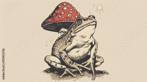 Hand drawn Cottagecore Aesthetic Goblincore Frog sitting on Mushroom