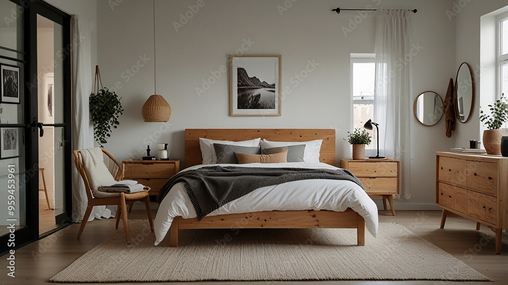 Fototapeta premium A Cozy Bedroom With Light Wood Furniture, White Walls, And Soft Textiles In A Scandinavian Design, Modern Bedroom