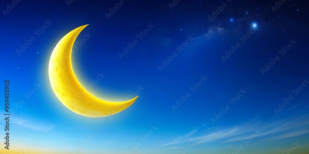Naklejka premium A serene painting of a clear blue sky with a radiant yellow crescent moon in the center