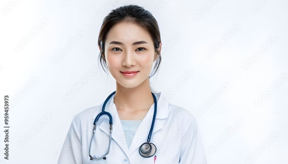 Female doctor portrait isolated on white transparent background, young woman with stethoscope
Female doctor portrait isolated on white transparent background, young woman with stethoscope