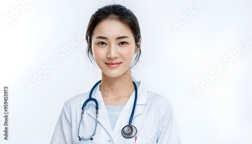 Female doctor portrait isolated on white transparent background, young woman with stethoscope 