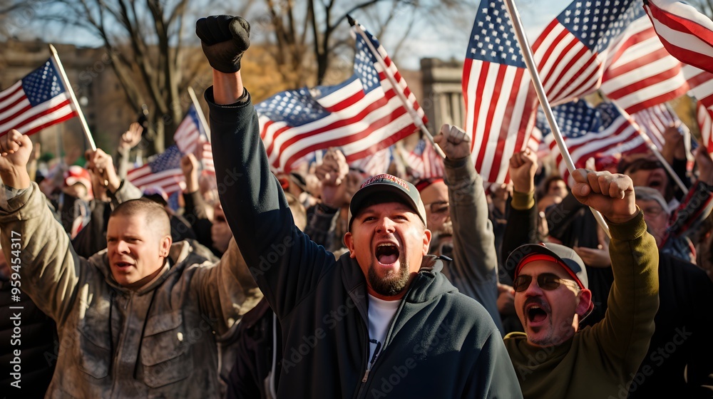 Obraz premium American Flag Waving Patriot Protesting Political Rally USA Flag Patriotic Crowd