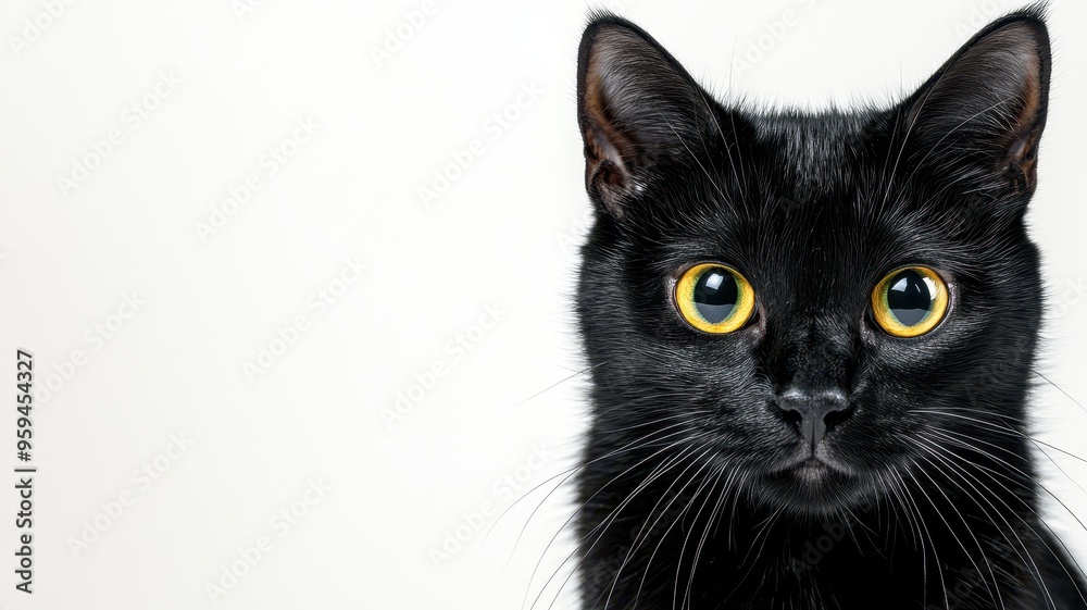 A close-up of a sleek black cat with bright yellow eyes, showcasing its playful and curious nature against a white background. A close-up of a sleek black cat with bright yellow eyes, showcasing its playful and curious nature against a white background.