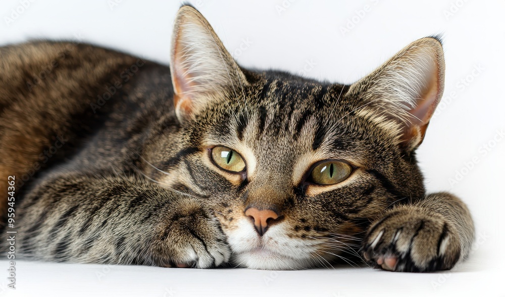 A close-up view of a relaxed tabby cat lying down, showcasing its striking green eyes and soft fur on a clean, white background. A close-up view of a relaxed tabby cat lying down, showcasing its striking green eyes and soft fur on a clean, white background.