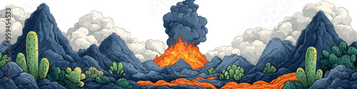 Vivid illustration of a volcanic eruption in a desert landscape with mountains, cacti, and lava, depicting a dynamic scene of nature's power