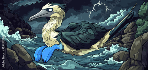 Stormy seascape with a blue footed booby perched on rocks amidst crashing waves and lightning in the sky, emphasizing dramatic wildlife and nature