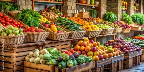 Rustic market with colorful fresh fruits and vegetables