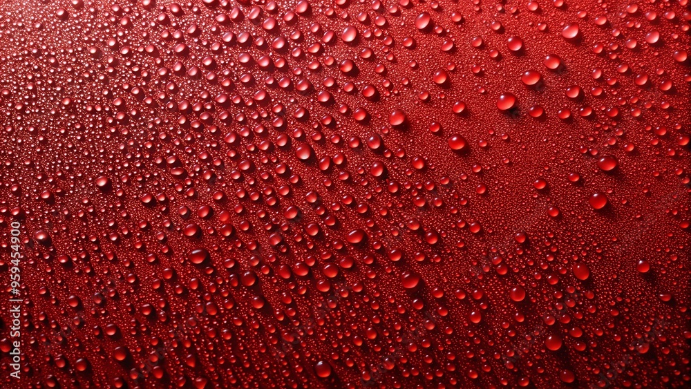 Close-up of a red wall with water droplets, centered around a black object Close-up of a red wall with water droplets, centered around a black object
