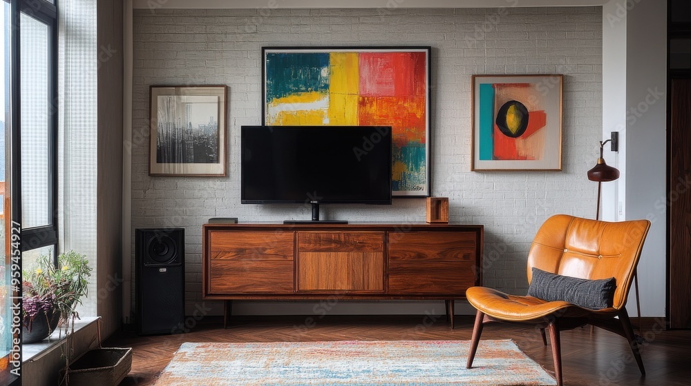 Fototapeta premium Photography of a Framed Painting in Expressionist Style with Dynamic Forms and Contrasting Colors, Displayed in a Richly Layered Interior Design