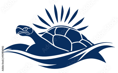 Stylized turtle swimming with a sunburst behind it, represented in a simple blue silhouette, emphasizing aquatic life and nature in a sleek design