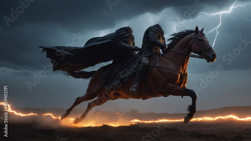 Against the backdrop of a violent thunderstorm, the headless horseman gallops across a windswept plain, clutching a fiery, glowing pumpkin head. Lightning streaks across the sky, 