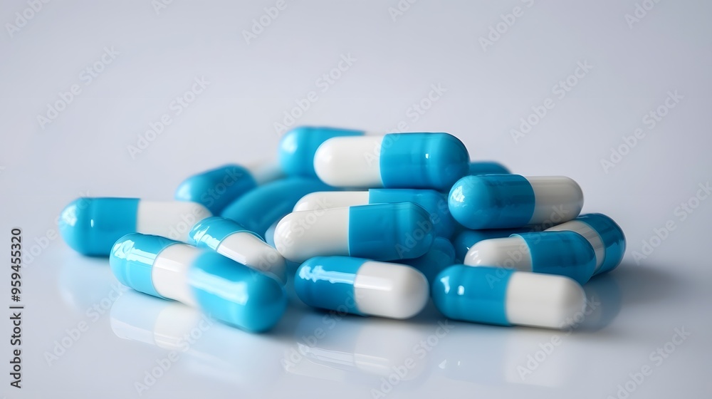 Medication Concept: Assorted Blue and White Pills on Table, Ideal for Pharmaceutical Marketing and Education Medication Concept: Assorted Blue and White Pills on Table, Ideal for Pharmaceutical Marketing and Education