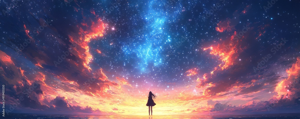 Fototapeta premium 星空の下、海に立つ少女