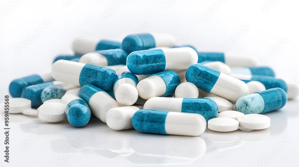 Medication Concept: Assorted Blue and White Pills on Table, Ideal for Pharmaceutical Marketing and Education Medication Concept: Assorted Blue and White Pills on Table, Ideal for Pharmaceutical Marketing and Education