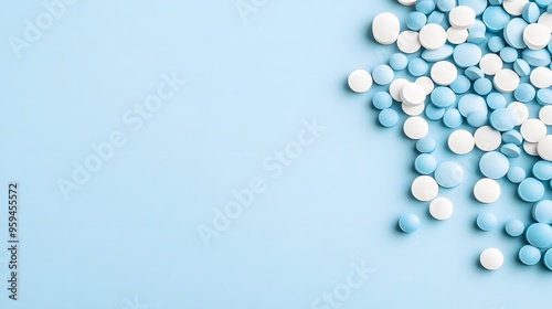 Medication Concept: Assorted Blue and White Pills on Table, Ideal for Pharmaceutical Marketing and Education