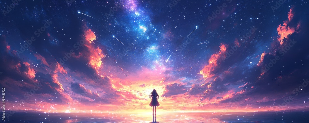 Fototapeta premium 星空の下、海に立つ少女