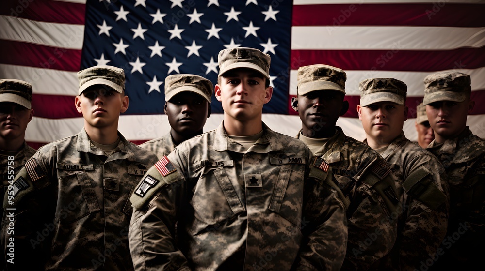 American Soldiers Standing In Front of US Flag American Soldiers Standing In Front of US Flag