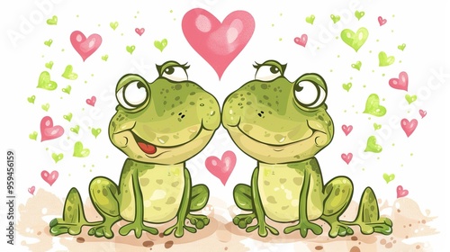 illustration, cute frog couple, cartoon style, Valentine's Day