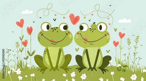 illustration, cute frog couple, cartoon style, Valentine's Day