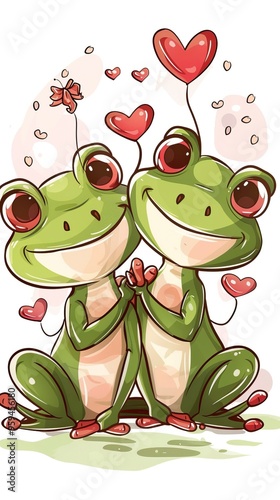 illustration, cute frog couple, cartoon style, Valentine's Day
