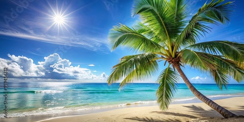 Beautiful tropical beach scene with a palm tree in foreground and sparkling blue ocean in background
