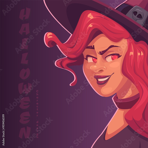Beautiful red haired witch halloween character. Cartoon style illustration