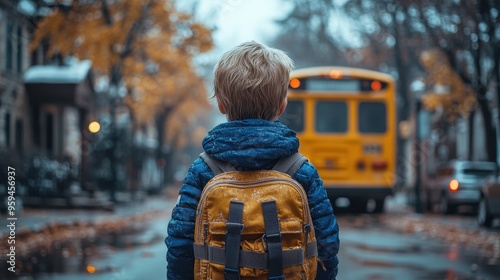 High-resolution photo of a cute little boy with short blonde hair, wearing a blue jacket and backpack, standing on the street looking at a yellow bus, with a blurred cityscape background on a clear au photo