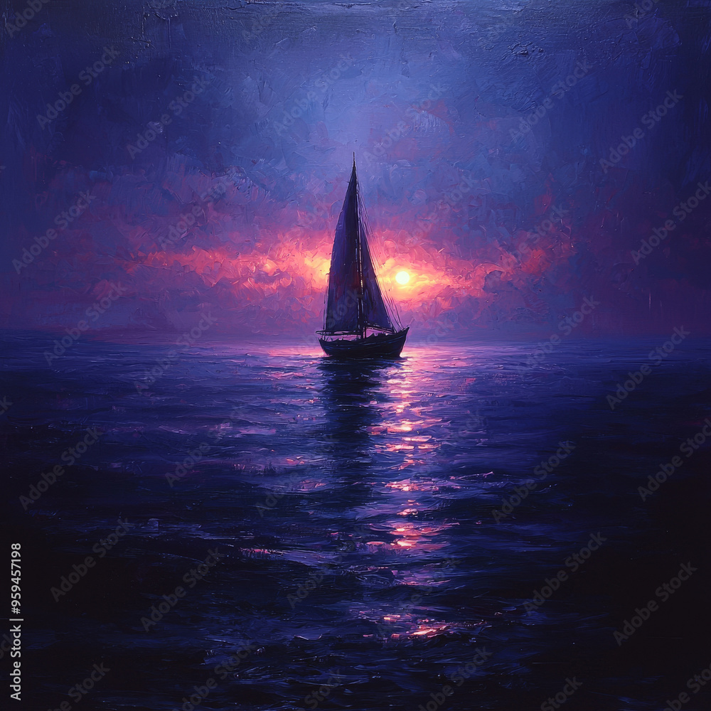 Fototapeta premium A lone sailboat sails towards a vibrant sunset on a calm sea.