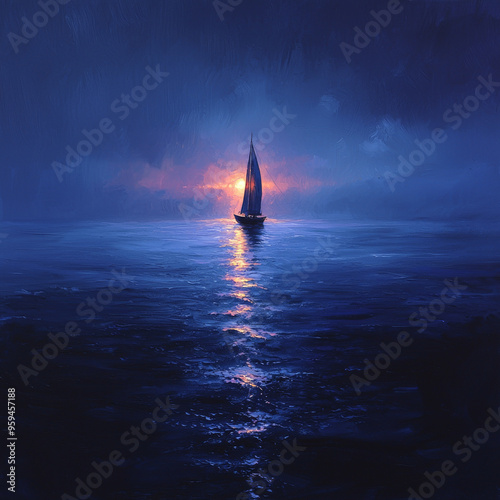 A lone sailboat sails across the water with the setting sun in the distance, casting a warm glow on the water.