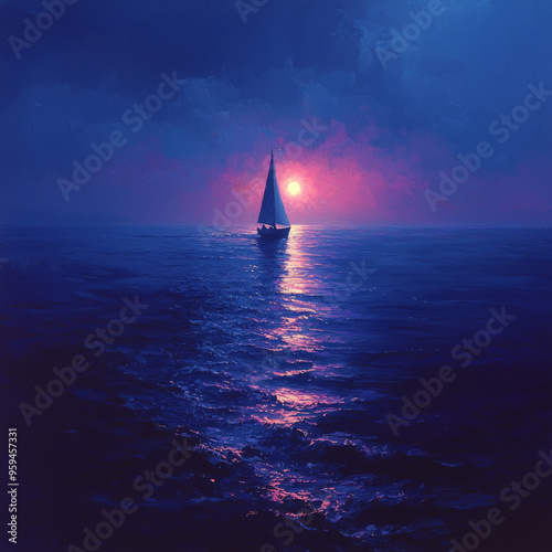 A lone sailboat sails on a tranquil sea, with a pink sunset illuminating the horizon.