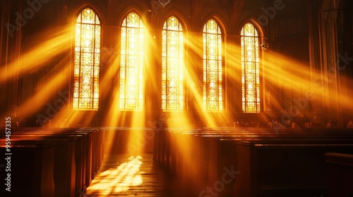 Sunlight Streaming Through Stained Glass Windows in Church Interior photo