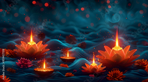 Abstract 3D Background with Glowing Lotus Flowers