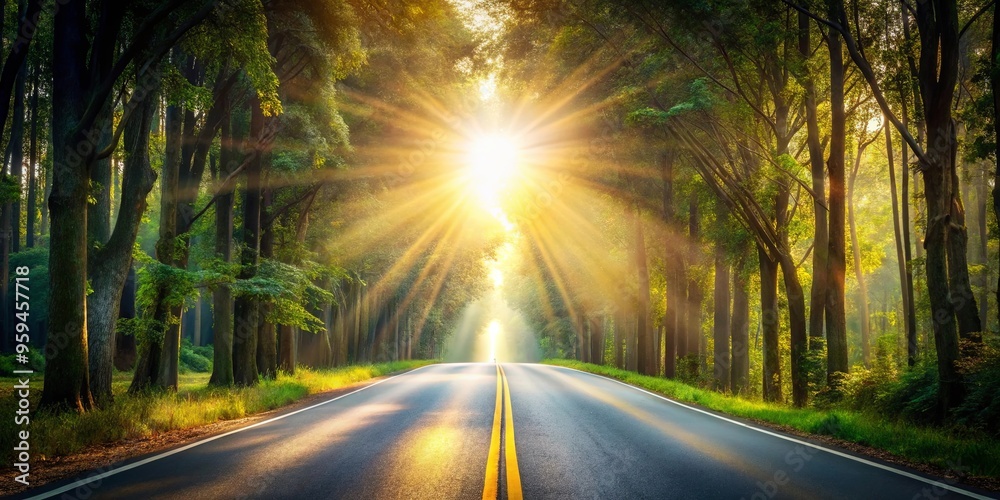 A stunning shot of a road with a bright light in the center, surrounded by trees A stunning shot of a road with a bright light in the center, surrounded by trees