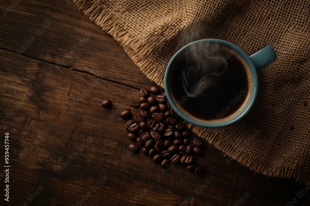 A steaming cup of coffee sits on burlap with coffee beans scattered around it on a rustic wooden surface. A steaming cup of coffee sits on burlap with coffee beans scattered around it on a rustic wooden surface.