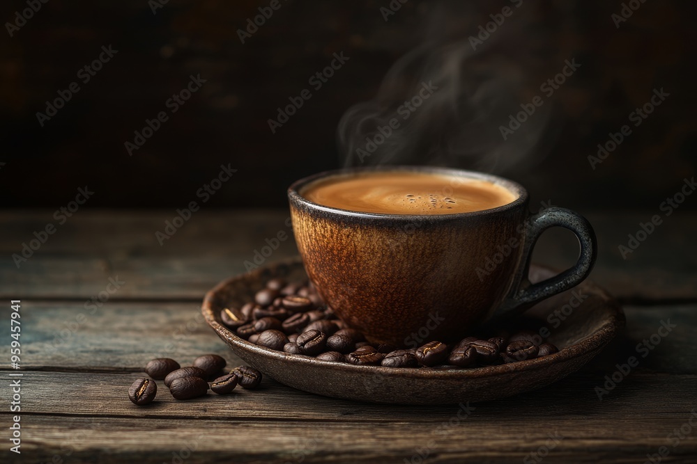 A steaming cup of coffee on a rustic wooden table, with coffee beans scattered around it. A steaming cup of coffee on a rustic wooden table, with coffee beans scattered around it.