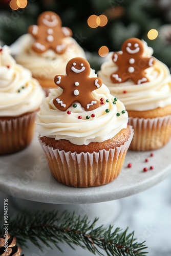 A close-up of cupcakes with caramel flavor cream white frosting and gingerbread man decorations, on an elegant cake stand, surrounded by small green Christmas tree branches and sprinkles. 